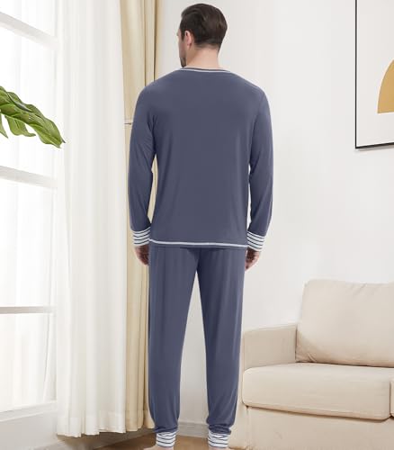 Image of NACHILA Mens Pajamas Set Long Sleeve Henley Sleepwear Top Soft Jogger Pants Pajamas Cool Pjs Set,Viscose Made from Bamboo