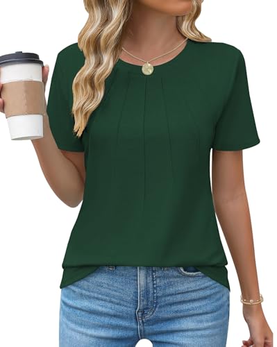 Cuptacc Bluse Damen Rundhals Mit Falten Elegant T-Shirt Lockere Kurzarm Tunika Shirts Damen Sommer Einfarbig Top Dunkelgrün 2XL 50-52