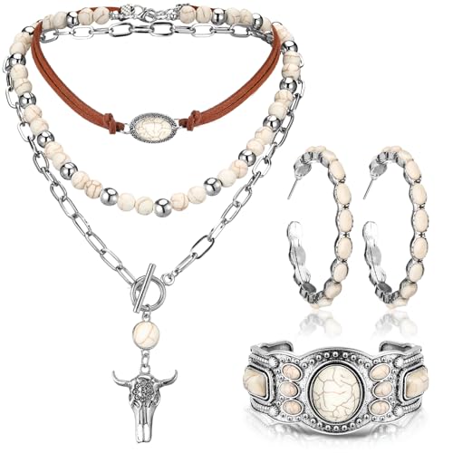 Inbagi 3 Pcs Boho Western Jewelry for Women Turquoise Jewelry Set Vintage Earrings Bracelet Western Bohemian Necklace for Women Cowboy Cowgirls