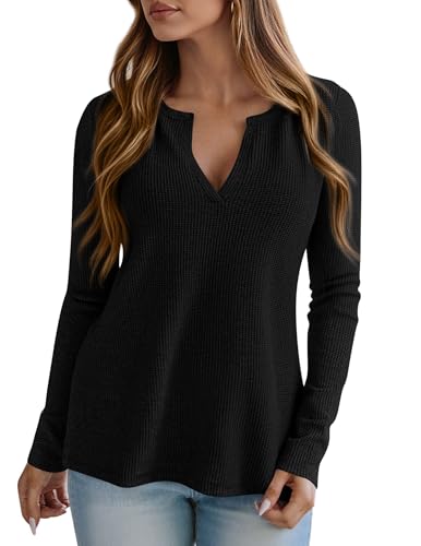 PRETTYGARDEN Long Sleeve Shirts for Women 2025 Fall V Neck Waffle Basic Tee Dressy Casual Winter Blouses Knit Tunic Tops2