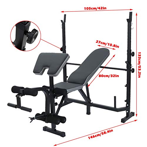 Voberry Adjustable Weight Bench, Multifunctional Workout Station Adjustable Olympic Workout Bench with Squat Rack, Leg Extension, Preacher Curl, and Weight Storage, 750-Pound Capacity (Black)