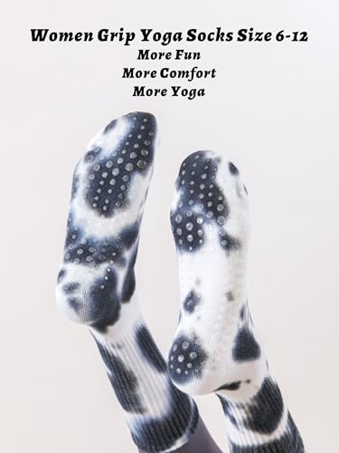 Image of Womens Pilates Yoga Toe Socks with Grips Non Slip Cushioned Crew Socks Mid Calf for Barre Ballet, 6-11, Tie Dye-15