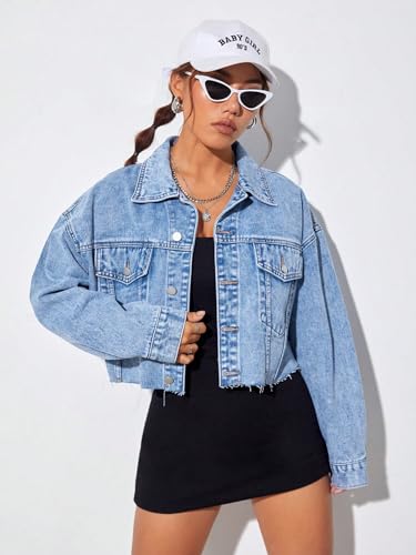 MakeMeChic Women's Casual Long Sleeve Raw Hem Jean Jacket Button Down Crop Denim Jacket4