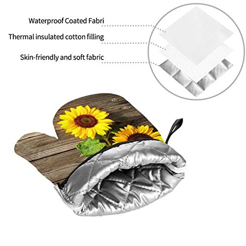 Msguide Beautiful Sunflowers Vintage Wood Print Oven Mitts And Pot Holders Sets, Heat Resistant 4 Pcs For Safe Bbq Cooking Baking Grilling #TOP6