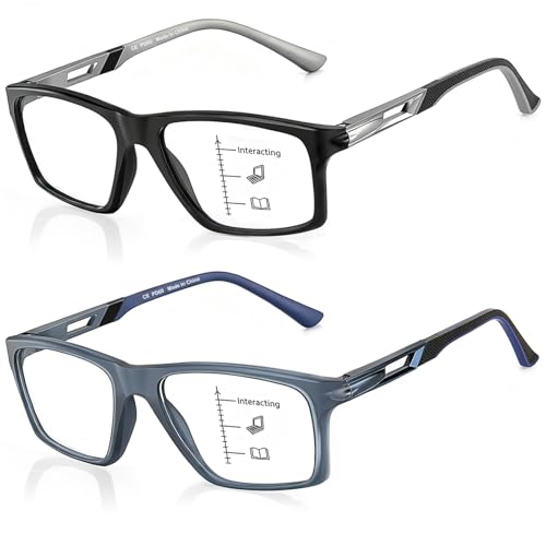 CARA 2 Pack Premium Progressive Multifocus Reading Glasses Men, Adjustable Temple Tips, Aluminum Spring Hinge Multifocal Readers, Durable TR90 Anti Blue/UV/Eyestrain Computer Eyewear +2.0