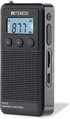 Retekess TR103 Mini Radio Portable AM FM, Small Digital Radio for Office, Pocket Radio with Backlight, Support TF Card and Headphone Jack (Black)