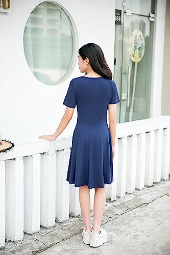 Meiludi Girl's Casual Short Sleeve Dress Holiday Swing Crew Neck Dresses With Pockets 4-14 Years (2350#, 4_Years, Dark Blue) #TOP3