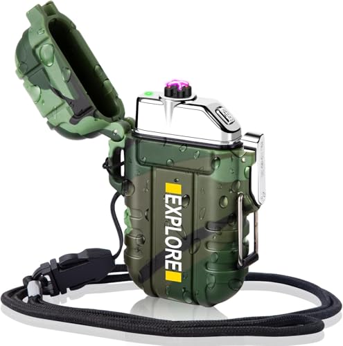 LcFun Lichtbogen USB Feuerzeug Elektrisch, Wasserdicht Winddicht Wiederaufladbar, Plasma Feuerzeug Lighter mit Notfall-Pfeife für Camping, Survival Taktische-überlebensausrüstung (Tarnung)