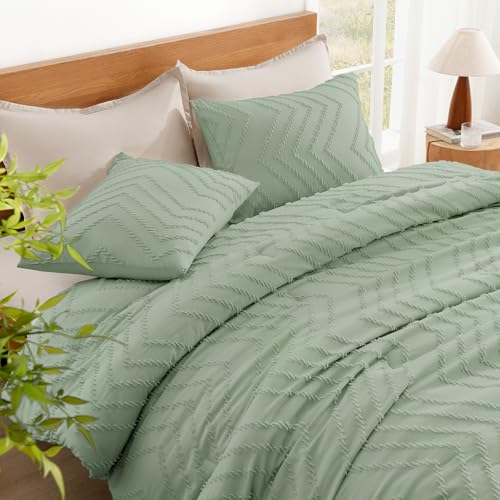 Image of Litanika Boho King Comforter Set, 3 Pcs Sage Green Lightweight Bedding Set