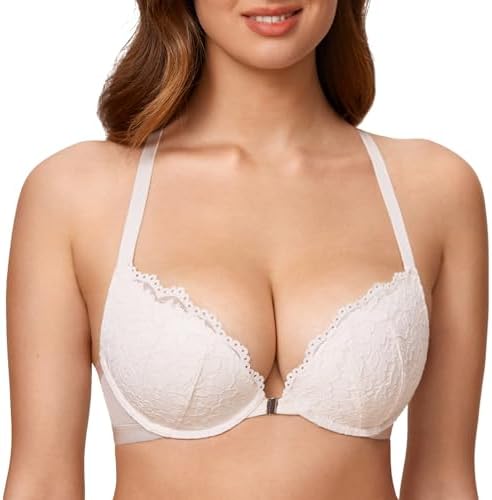 DOBREVA Damen Vorderverschluss Push up BH mit Bügel | Spitzen BHs, Neckholder, Racerback, Tiefer Ausschnitt, Gepolsterter