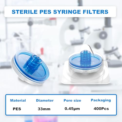 Image of 400Pcs Syringe Lab Filter, Sterile PES Hydrophilic Filters, 0.45um Pore Size, 33mm Membrane Diameter for Scientific Laboratory, Individually Packed