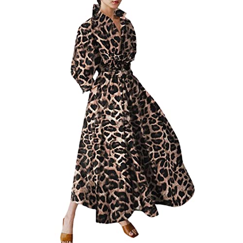Image of Women Maxi Shirt Dress Long Sleeve Button Smocked Waist Long Dress Loose Swing Party Dress with Pockets (Coffee Leopard, Small)