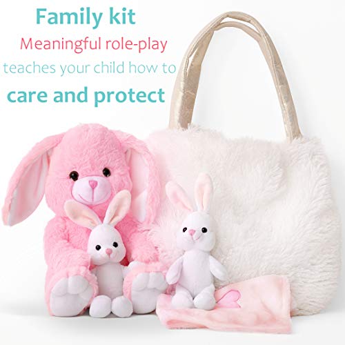 Bunny Toy For Girls 5 Pcs Set. Mommy, 2 Baby Rabbit Toys, Xl Furry Bag And Baby Doll Blanket. Cute Plush Gift Set 3 4 5 Year Old Girl, Stuffed Animal For Little Girls. Birthday, Christmas Age 3-8 #TOP1