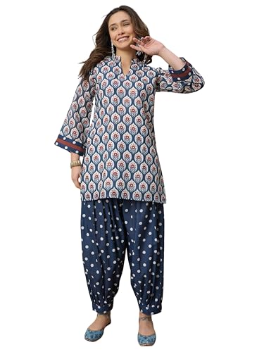 Image of EthnicJunction Women's Linen Floral Print Summer Wear Straight Short Kurti with Afghani Pant Set | Co Ord Set for Women Stylish | Fusion wear Women