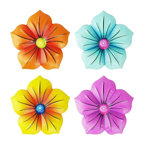 Artkingdome 4PCS Metal Flowers Wall Art - Hand-Painted Outdoor Garden Decor for Patio, Fence, Living Room - Rust-Proof 3D Floral Sculptures (5'' Size) - Includes Hanging Hardware