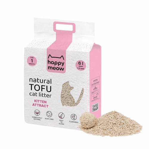 HAPPY MEOW Litière de tofu pour chats (6 l/2,5 kg) – naturelle et agglomérante instantanée, faible en poussière, contrôle durable des odeurs, ultra absorbante, jetable dans les toilettes (Kitten
