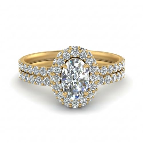 Image of Choose Your Gemstone Oval Halo Rollover Diamond CZ Wedding Ring Yellow Gold Plated Oval Shape Wedding Ring Sets Matching Jewelry Wedding Jewelry Easy to Wear Gifts US Size 4 to 12