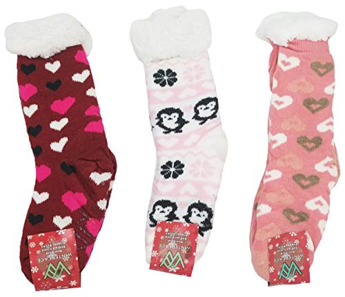Sherpa Lined Slipper Socks, 3 Pairs For Women, Fluffy Christmas Winter Patterned With Gripper Bottoms, Warm Soft (Hearts) #TOP4