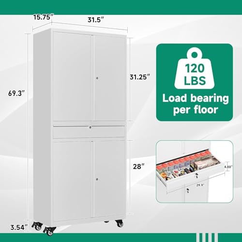 Image of Letaya Metal Garage Storage Cabinet with Wheels,72 inch Rolling Tool Cabinet with 4 Door Lock-Adjustable Shelves and Drawer for Garage Home Office Utility Room (White with Wheels)