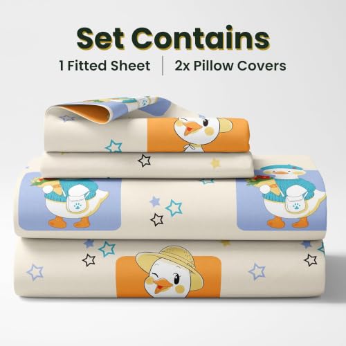 Image of LORETO - A QUALITY LINEN BRAND 186 TC 100% Pure Cotton Double /Queen Fitted Bedsheet with 2 Pillow Covers for 78 x 60 Inch Mattress, All-Around Elastic, 8 Inch Deep Pocket, Playful Ducks