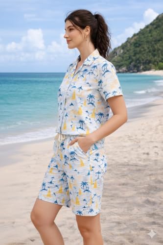 Image of Zilcon Woman Cotton Floral Printed Co-Ord Set - Short Sleeve Shirt with Matching Shorts, Lightweight Breathable Summer Outfit, Beach Vacation Casual Wear