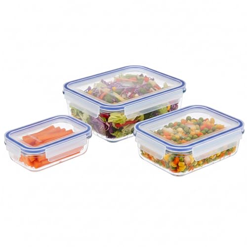 Image of Amazon Brand - Solimo Rectangular Glass Food Storage Container, Pack of 3, Airtight, Microwave & Freezer Safe, Transparent