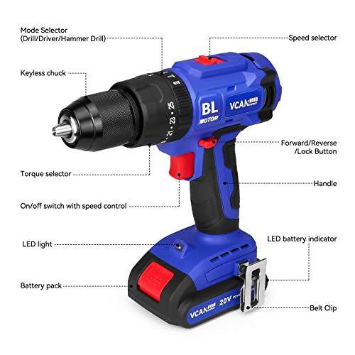 Vcanenergy 20V Brushless Cordless Power Drill, 25+3 Hammer Drill Driver, 530 In-Lbs Torque, 1/2” Metal Keyless Chuck, 2-Variable Speeds With 1X2.0Ah Batteries And Charger #TOP6