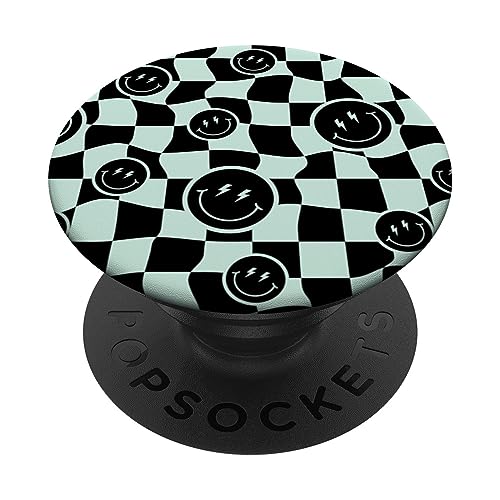 Lindo retro retorcido remolino negro feliz cara sonriente a cuadros PopSockets PopGrip Intercambiable