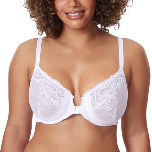 Delimira Women's Front Fastening Bras Lace Unlined Full Coverage Plus Size Sheer Plunge Underwire Bra White 38DD