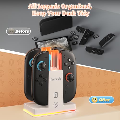 Image of FASTSNAIL Switch 2 Controller Charger Dock for Nintendo Switch 2 for JoyCon | 4-in-1 Fast Switch 2 Joypad Charging Dock Station, 9 RGB Light, Dual-Direction Magnetic Stand for Joycon 2 Accessories, White