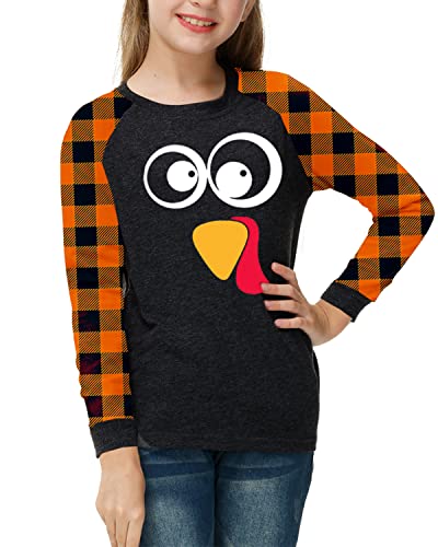 Image of Remimi Girls Thanksgiving Shirts Buffalo Plaid Raglan Tee Cute Turkey Holiday Party Long Sleeve Tshirt 5-14 Years