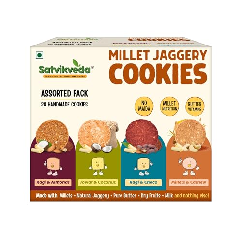 Image of Satvikveda Assorted Millet Jaggery Cookies 180g | Healthy Biscuit with Millets, Jaggery, Butter & Dryfruits| No Maida, Refined Sugar Free Biscuits | Homemade Nutritious Snacks for Kids