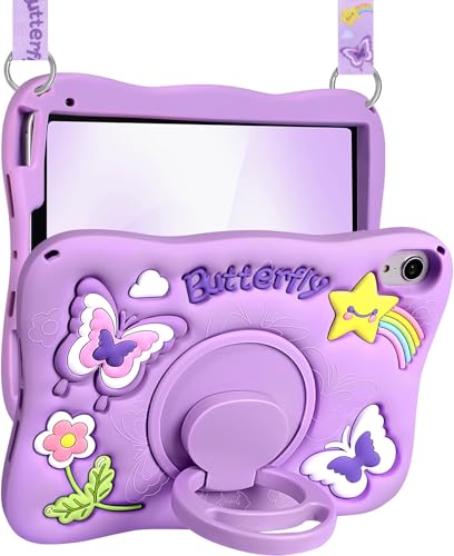 SurgeCraft for iPad Mini 6 Case for iPad Mini 7 Case - Girls Cute Girly Kawaii 3D Purple Butterfly Unique Design Soft Silicone Cover with Rotating Stand & Strap for Apple Mini 6th/7th Covers 8.3 Inch