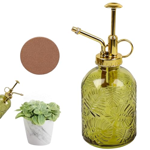 HX-pyahgtv Glass plant mister Spray Bottle for inside plant sprayer miste Clear Water Bottle with Gold Top Pump Mit Table mat Small Plant Mister for Indoor Outdoor HouseplantsGreen+Gold 360ml