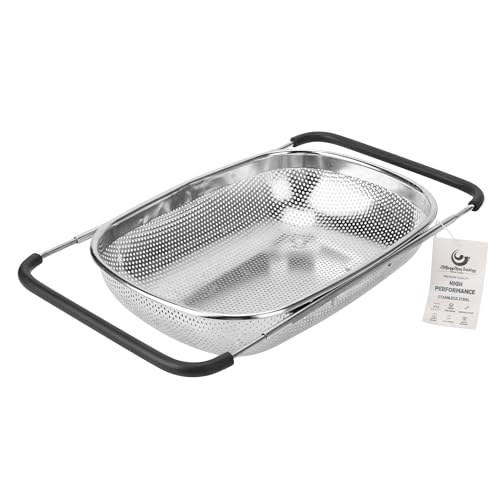 ZDRongZhen Kitchen Accessories Over the Sink Colander Strainer Basket,Stainless Steel Colander with Expandable Rubber Grip Sink Drainer-Rinse Vegetables Fruits &Strain&Drain (Large-Dense round hole)