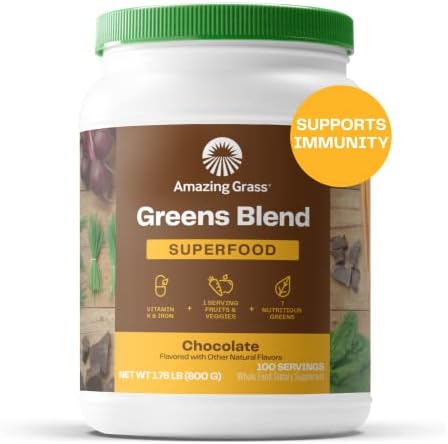 Amazing Grass Greens Blend Superfood: Super Greens Powder Smoothie Mix with Organic Spirulina, Beet Root Powder, Chlorella, Prebiotics & Probiotics, Chocolate, 100 Servings (Packaging May Vary)