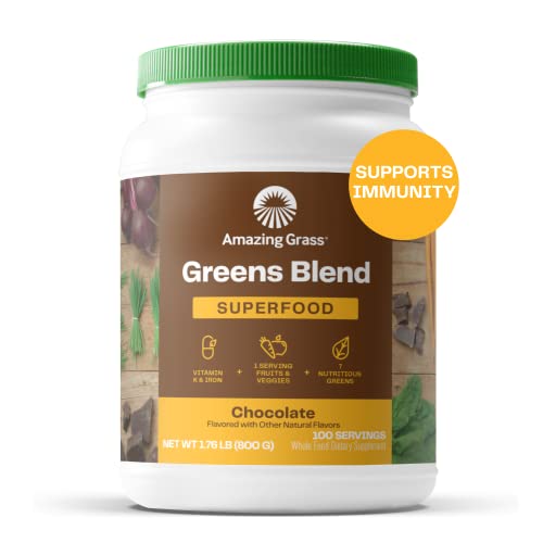 Amazing Grass Greens Blend Superfood: Super Greens Powder with Spirulina, Beet Root Powder, Chlorella, Digestive Enzymes, Prebiotics & Probiotics, Chocolate, 100 Servings (Packaging May Vary)