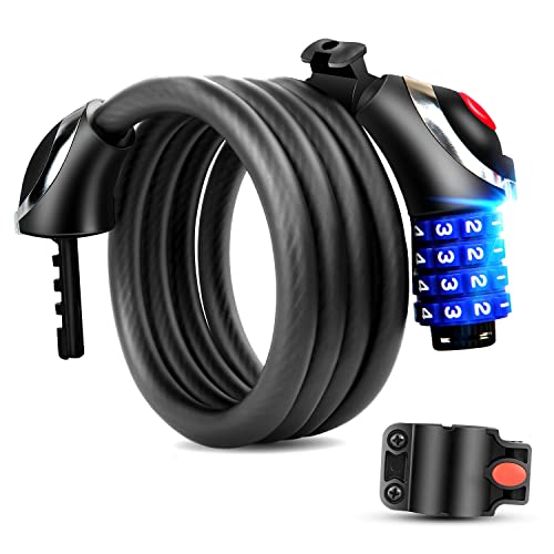 Cadenas de velos avec lumière LED, câble de verrouillage de vélo de 5 pieds Verrouillage de base auto-réarmable Combinaison de 4 verrous de câble de vélo avec support de montage gratuit, 120 * 12cm Cover