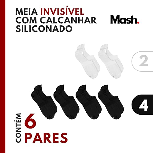 Mash Kit 6 Pares de Meia Sapatilha Algodão Super Invisível Silicone Interno Unissex Adulto, 2 Branco