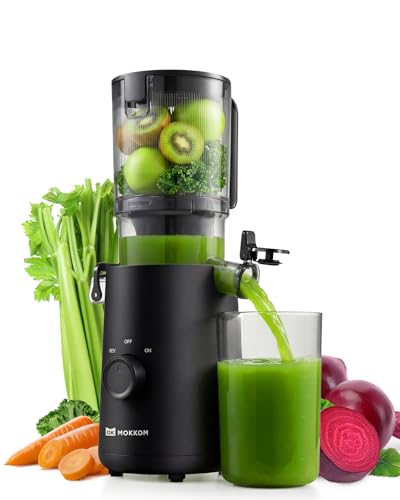 Mokkom Cold Press Masticating Juicer, Extra Wide Feed Chute for Whole Fruits & Vegetables, 200W Quiet AC Motor, Compact Space-Saving, Easy to Clean, Black