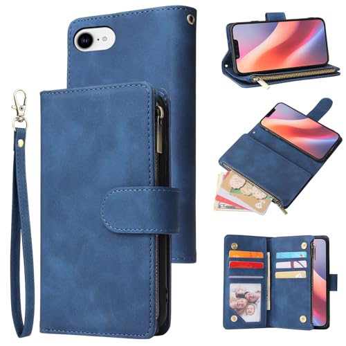 QLTYPRI Wallet Case for iPhone 16e/17e, Premium Vintage PU Leather Zipper Pocket Case with Card Holder Slots Magnetic Closure Kickstand Wrist Strap Shockproof Flip Folio Cover - Blue by QLTYPRI - Used condition - US$5.87