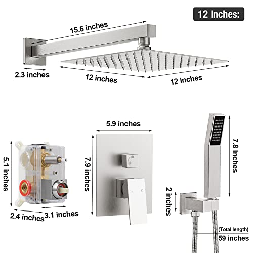 Fgkq Rainfall Shower System With 12 Inch Rain Mixer Shower Head And Handheld Square Showerhead, Brushed Nickel Wall Mounted Shower Faucet Set With Pressure Balance Valve #TOP6