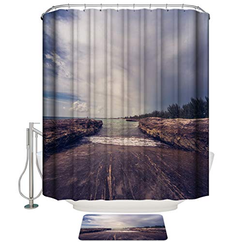 Shower Curtain Set with Bath Rug, Island Forest Lanscape Bathroom Accessories Decor Polyester Fabric Shower Curtains with Hooks 72\"x78\" and Non-Slip Bath Mat 18\"x30\"