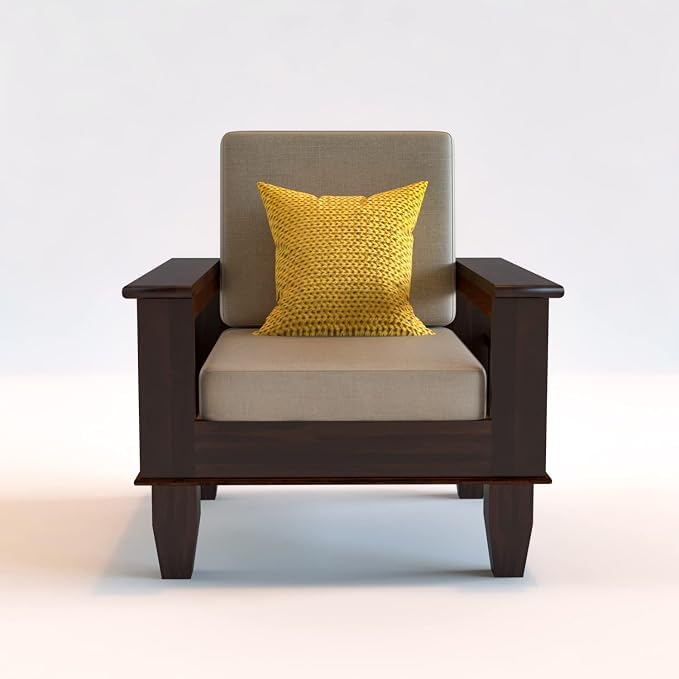 Image of Sheesham Wooden 1 Seater Sofa for Living Room | Rosewood 1 Seater Cushion Sofa with Side Newspaper Holder for Home & Office | Solid Wood Sofa Set for Lounge (Walnut)