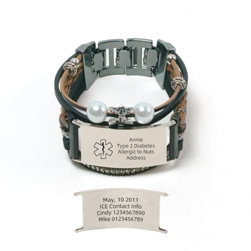 Medical Bracelets Boho Leather Pearl ID Bracelet for Women Multilayer Wrap Dressy Cute Strap with Adjustable Metal Clasp Seizure Wristband