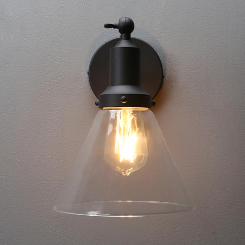 Image of PERMO Industrial Vintage Slope Pole Wall Mount Single Sconce with Funnel Flared Clear Glass Shade Wall Sconce Light Lamp Fixture (Matte Black)