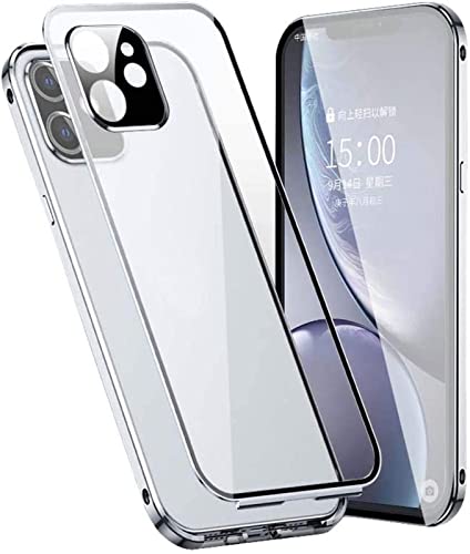Étui magnétique iPhone 12 anti-choc coque double face verre trempé argent