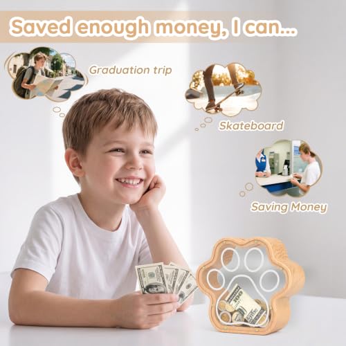 Image of KMC Wooden Piggy Bank for Kids, Natural Cat Dog Paw Coin Bank with Stickers | Small 5-Inch Piggy Bank for Boys and Girls, Cute Nursery Decor, Encourages Saving Habits, Ideal Baby Shower and Birthday Gift
