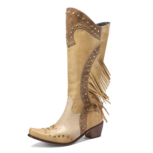 Women's Western Fringe Cowboy Boots for Women Knee High Pointed Toe Studded Fashion Cowgirl Boots for Girls with Zipper