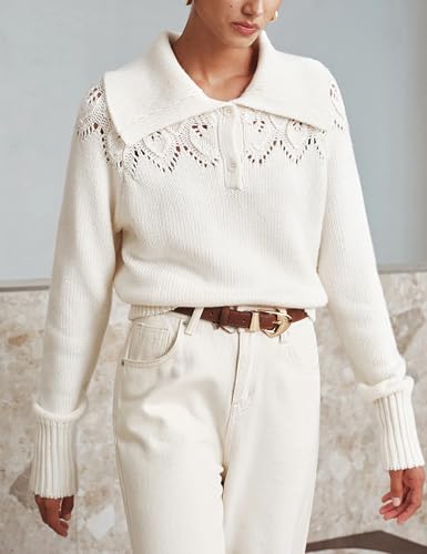Yeokou Womens Sweaters Eyelet Collar Casual Long Sleeve Lightweight Knit Crochet Pullover Tops2